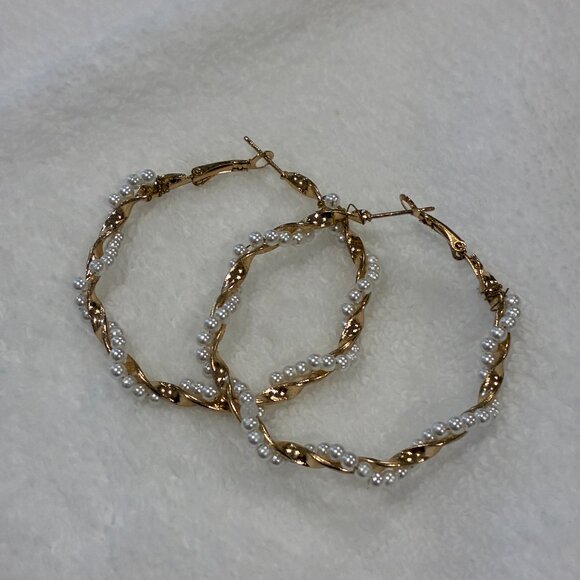 Jewelry - Faux Pearl & Gold Plated Twist Hoop Earrings